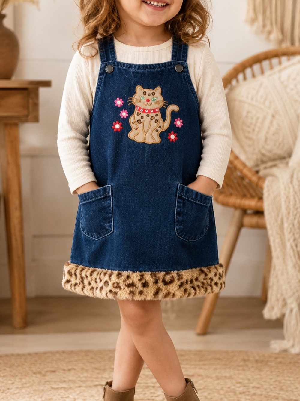 Vintage 3T Denim Kitty Jumper Dress with Leopard Faux Fur Hem Embroidered Cat